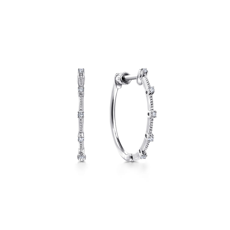 14K White Gold 20mm Diamond Station Classic Hoop Earrings - 0.08 ct - Shot 1