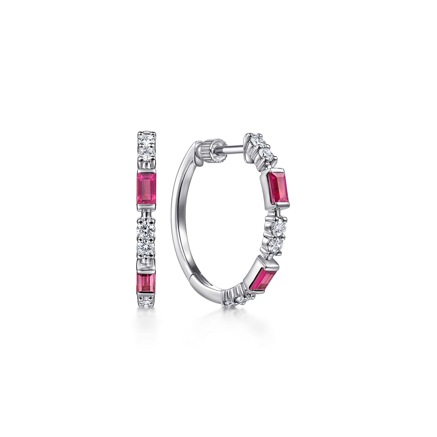 14K White Gold 20mm Ruby and Diamond Classic Hoop Earrings