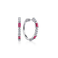 14K White Gold 20mm Ruby and Diamond Classic Hoop Earrings