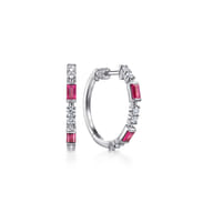 14K White Gold 20mm Ruby and Diamond Classic Hoop Earrings