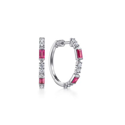 14K White Gold 20mm Ruby and Diamond Classic Hoop Earrings