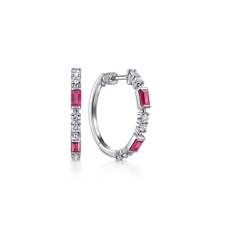 14K White Gold 20mm Ruby and Diamond Classic Hoop Earrings