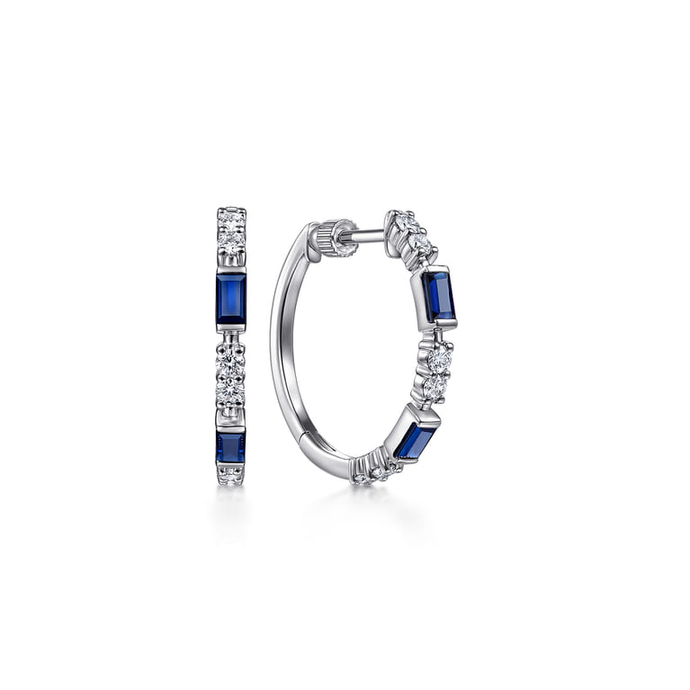 14K White Gold 20mm Sapphire and Diamond Classic Hoop Earrings - 0.35 ct - Shot 1