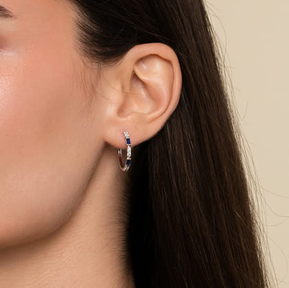 14K White Gold 20mm Sapphire and Diamond Classic Hoop Earrings