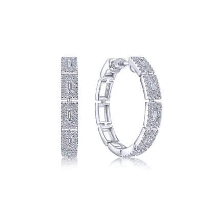14K White Gold 25mm Diamond Station Classic Hoop Earrings