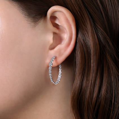 14K White Gold 30mm Round Classic Inside Out Diamond Hoop Earrings