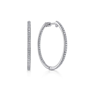 14K White Gold 30mm Round Inside Out Diamond Hoop Earrings