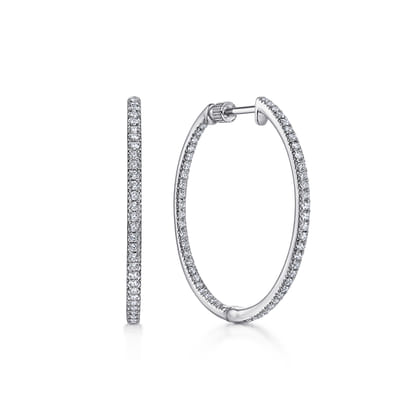 14K White Gold 30mm Round Inside Out Diamond Hoop Earrings