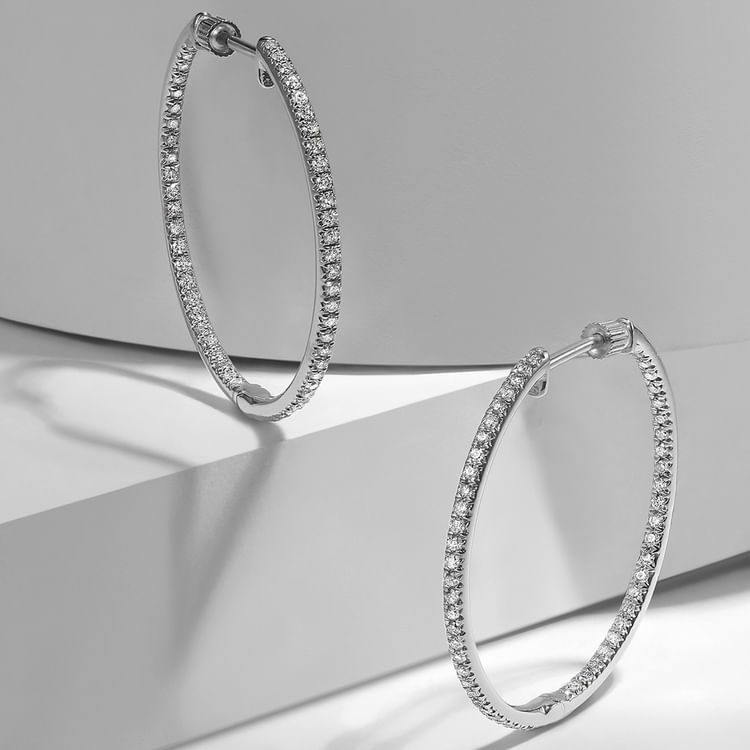 14K White Gold 30mm Round Inside Out Diamond Hoop Earrings