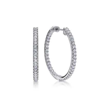 14K White Gold 30mm Round Inside Out Diamond Hoop Earrings