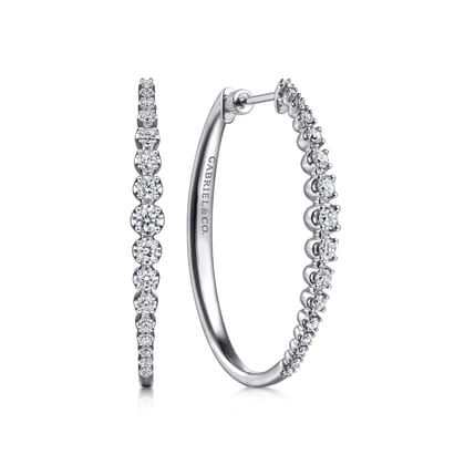 14K White Gold 40mm Buttercup set Diamond Classic Oval Hoop Earrings