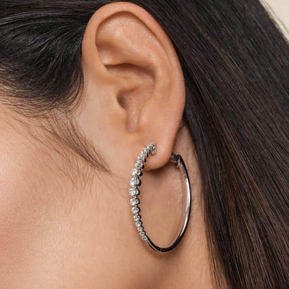 14K White Gold 40mm Buttercup set Diamond Classic Oval Hoop Earrings