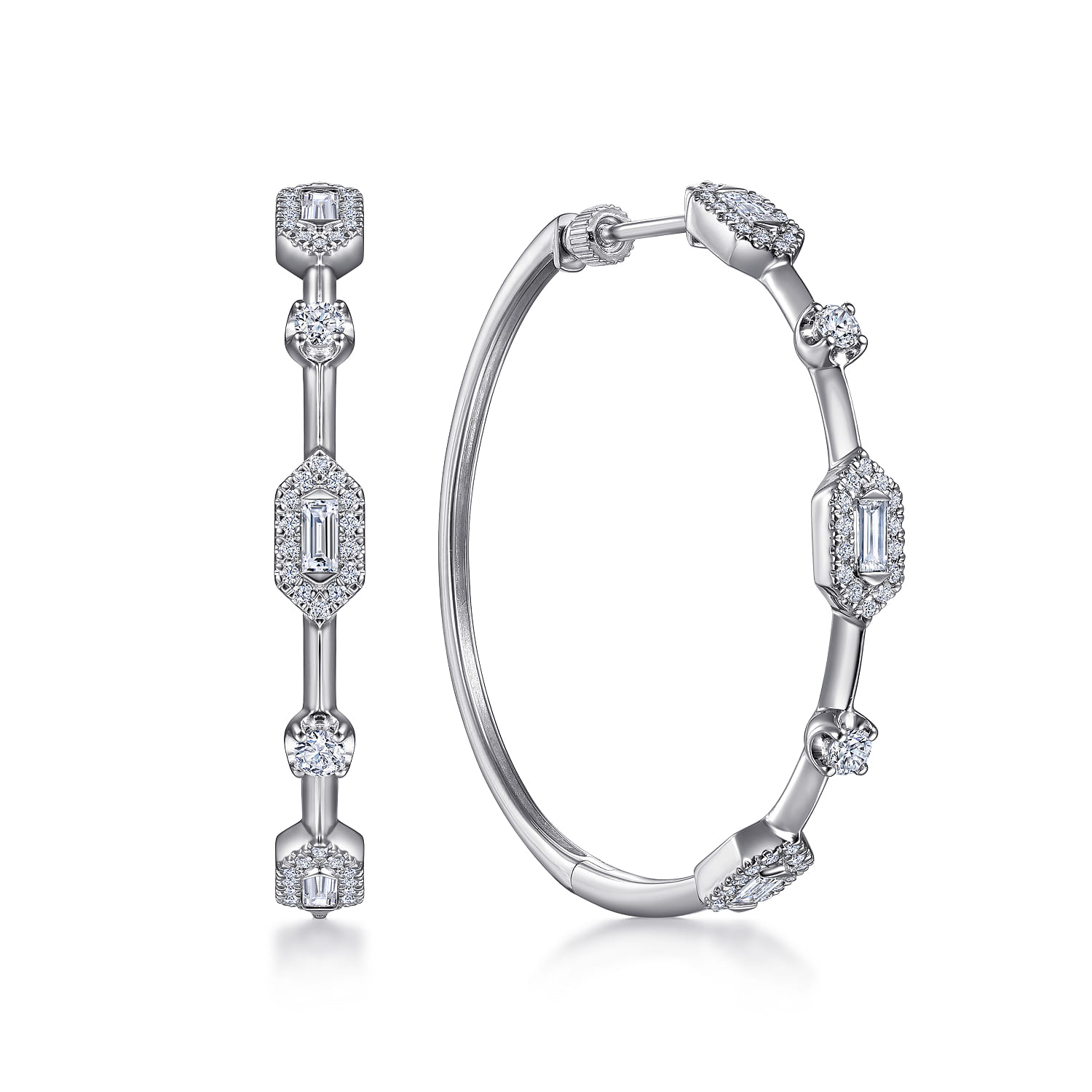 14K White Gold 40mm Diamond Baguette and Round Station Classic Hoop Earrings - 1.25 ct - Shot 1