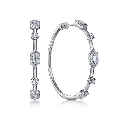 14K White Gold 40mm Diamond Baguette and Round Station Classic Hoop Earrings