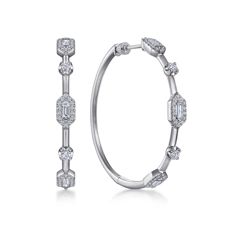 14K White Gold 40mm Diamond Baguette and Round Station Classic Hoop Earrings - 1.25 ct - Shot 1