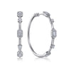 14K White Gold 40mm Diamond Baguette and Round Station Classic Hoop Earrings - 1.25 ct