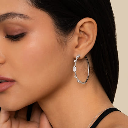 14K White Gold 40mm Diamond Baguette and Round Station Classic Hoop Earrings