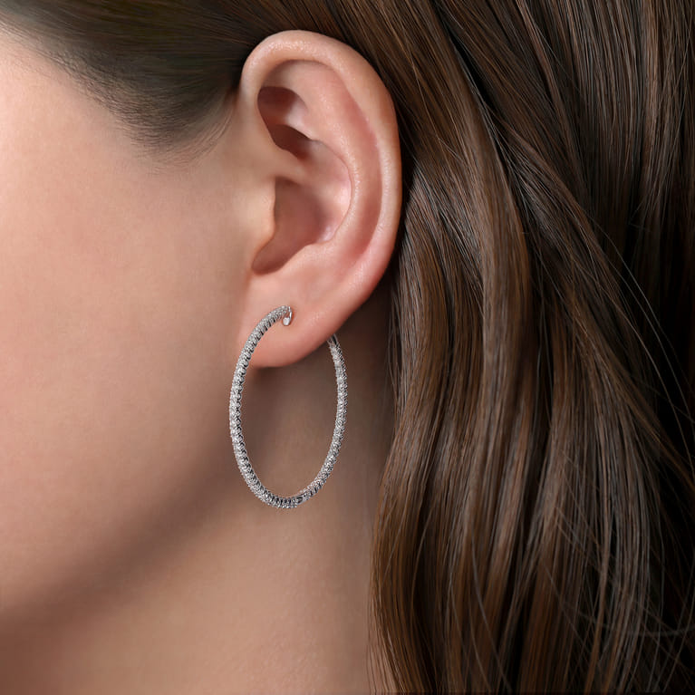 14K White Gold 40mm Inside Out Diamond Hoop Earrings - 1.3 ct - Shot 2