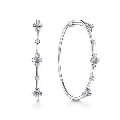 14K White Gold 40mm Round Classic Diamond Hoop Earrings