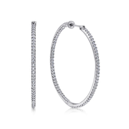 14K White Gold 40mm Round Inside Out Diamond Hoop Earrings