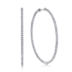 14K White Gold 50mm Round Inside Out Diamond Hoop Earrings