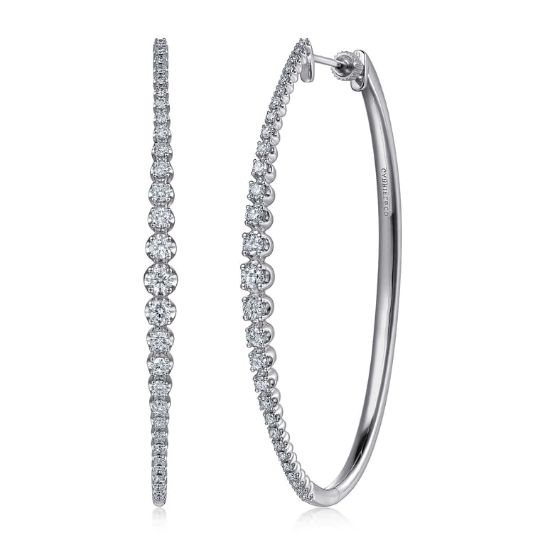 14K White Gold 60mm Diamond Classic Oval Hoop Earrings - 1.5 ct - Shot 1