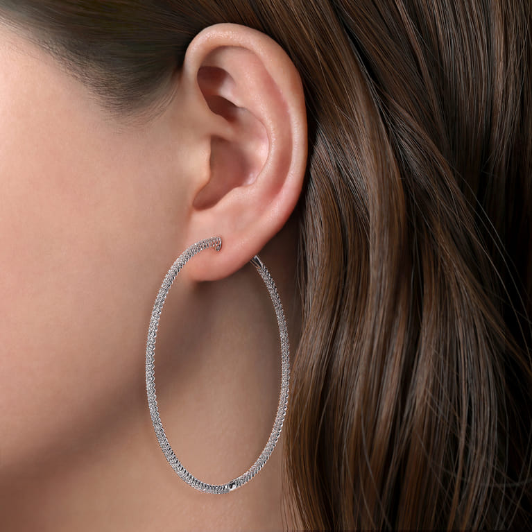 14K White Gold 70mm Inside Out Diamond Hoop Earrings - 2.4 ct - Shot 2