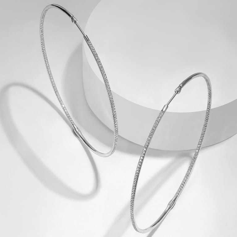 14K White Gold 80mm Round Inside Out Diamond Hoop Earrings - 2.3 ct - Shot 3