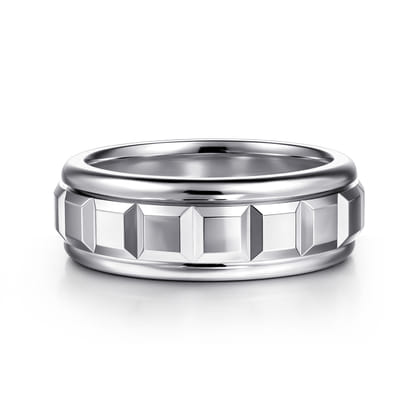 14K White Gold 8mm Square Rotating Mens Ring in High Polished Finish