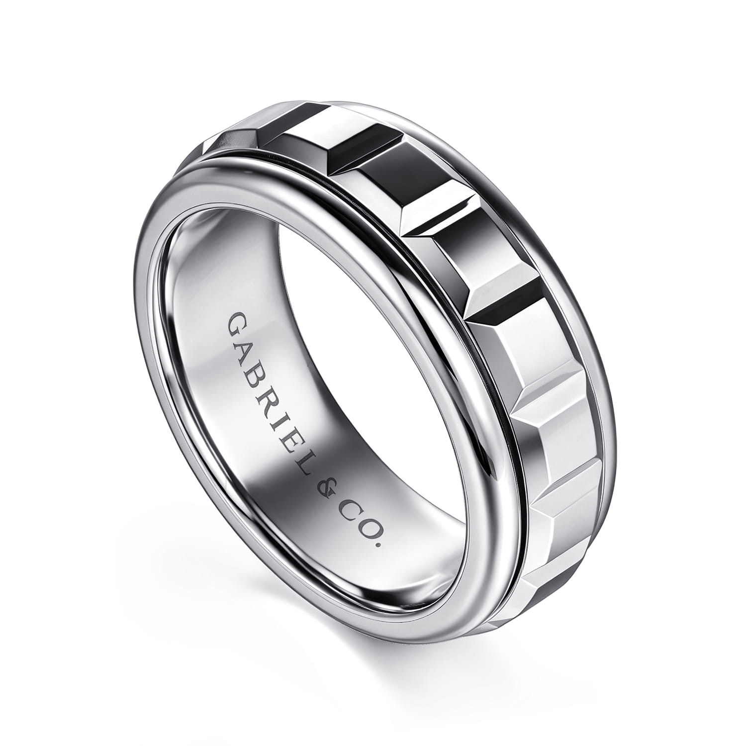 14K White Gold 8mm Square Rotating Mens Ring in High Polished Finish - Shot 3