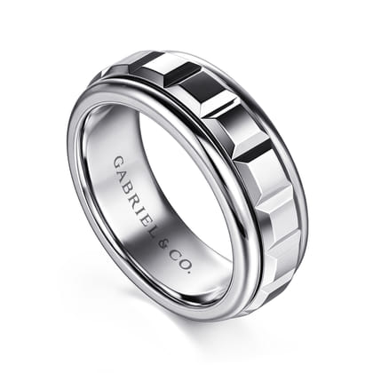 14K White Gold 8mm Square Rotating Mens Ring in High Polished Finish