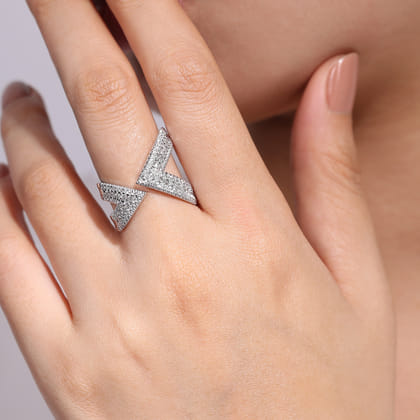 14K White Gold Abstract Diamond Pave Bypass Open Ring