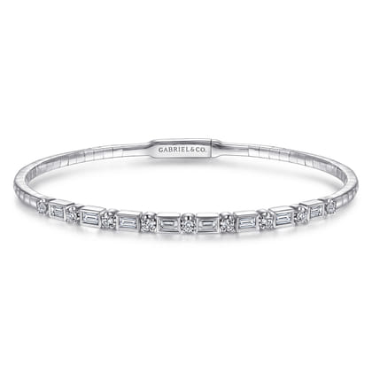 14K White Gold Alternating Baguette and Round Diamond Bangle Bracelet