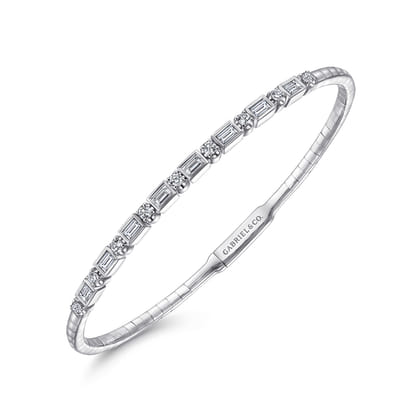 14K White Gold Alternating Baguette and Round Diamond Bangle Bracelet