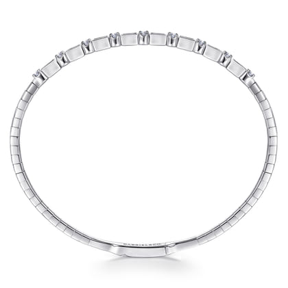 14K White Gold Alternating Baguette and Round Diamond Bangle Bracelet