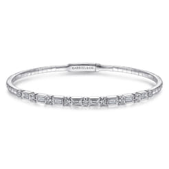 14K White Gold Alternating Baguette and Round Diamond Bangle
