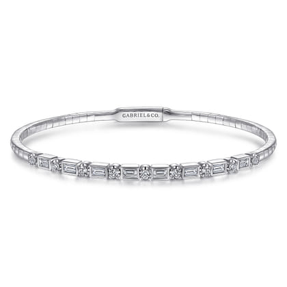 14K White Gold Alternating Baguette and Round Diamond Bangle
