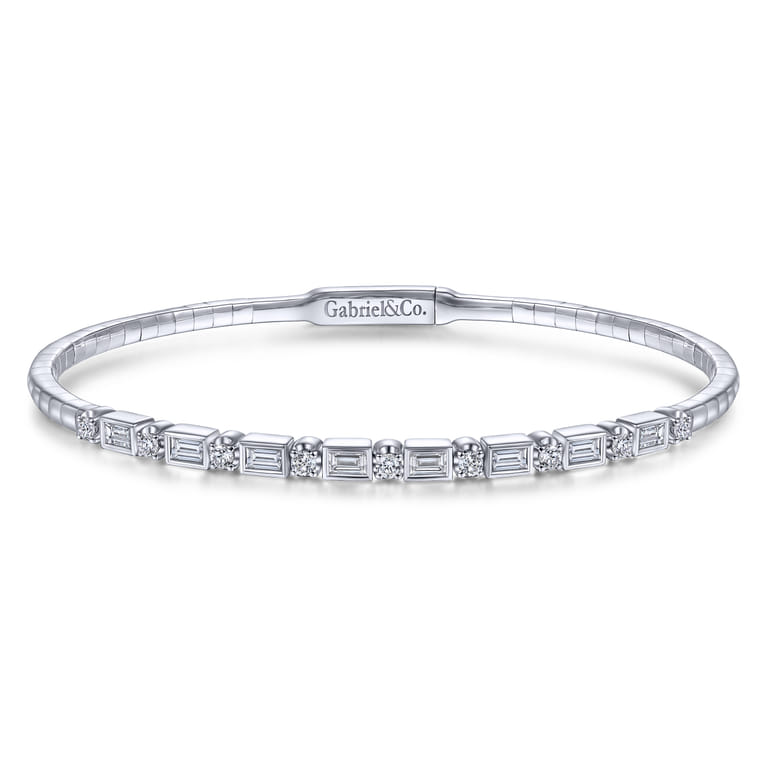 14K White Gold Alternating Baguette and Round Diamond Bangle - 0.85 ct - Shot 1