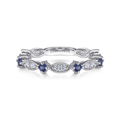 14K White Gold Alternating Diamond Cluster Marquis and Sapphire Stackable Ring