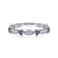 14K White Gold Alternating Diamond Cluster Marquis and Sapphire Stackable Ring