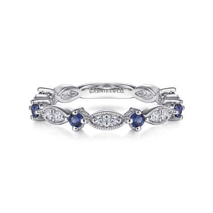 14K White Gold Alternating Diamond Cluster Marquis and Sapphire Stackable Ring