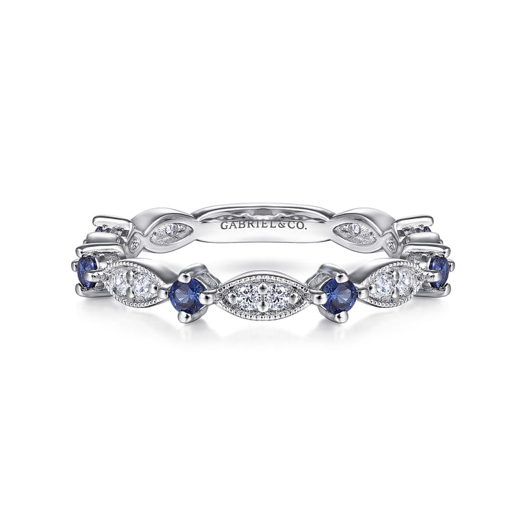 14K White Gold Alternating Diamond Cluster Marquis and Sapphire Stackable Ring - 0.2 ct - Shot 1