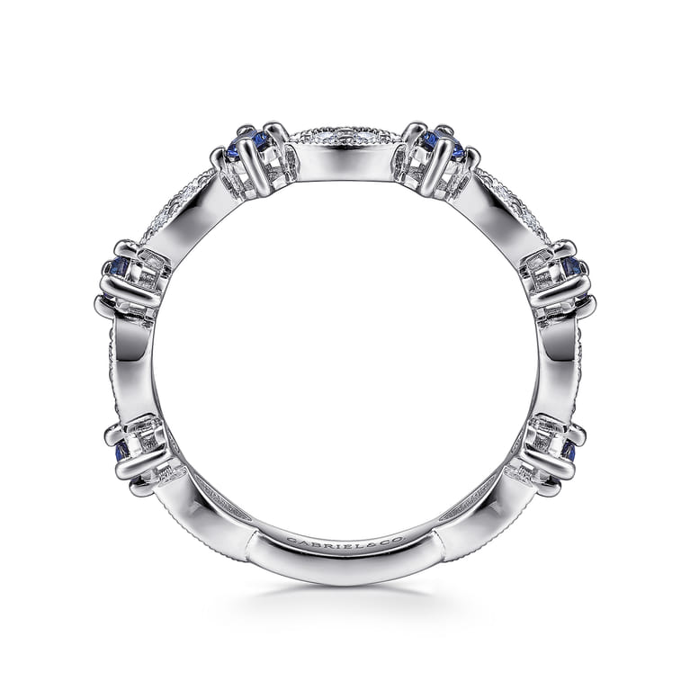 14K White Gold Alternating Diamond Cluster Marquis and Sapphire Stackable Ring - 0.2 ct - Shot 2