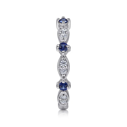 14K White Gold Alternating Diamond Cluster Marquis and Sapphire Stackable Ring