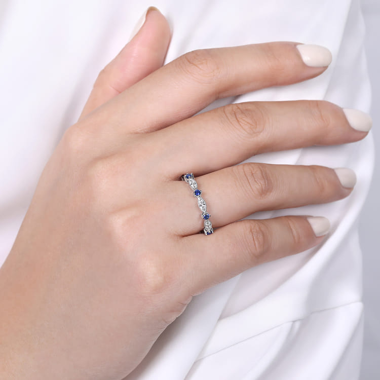 14K White Gold Alternating Diamond Cluster Marquis and Sapphire Stackable Ring