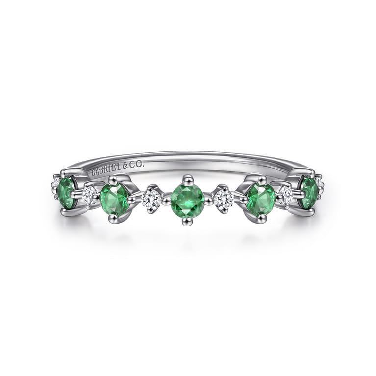 14K White Gold Alternating Round Diamond and Emerald Ring - 0.09 ct - Shot 1