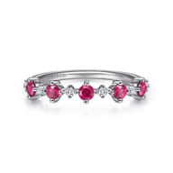 14K White Gold Alternating Round Diamond and Ruby Ring
