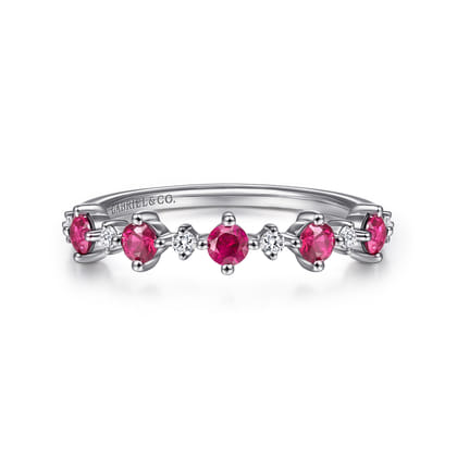 14K White Gold Alternating Round Diamond and Ruby Ring