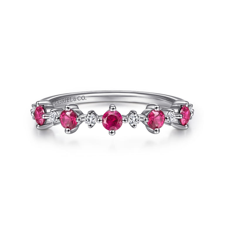 14K White Gold Alternating Round Diamond and Ruby Ring - 0.09 ct - Shot 1