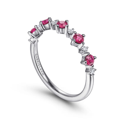 14K White Gold Alternating Round Diamond and Ruby Ring
